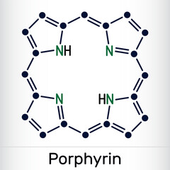 Porphine or Porphyrin, member of porphyrins molecule. It is class of macrocyclic aromatic compounds, as heme cofactor of hemoglobin, cytochromes. Skeletal chemical formula.