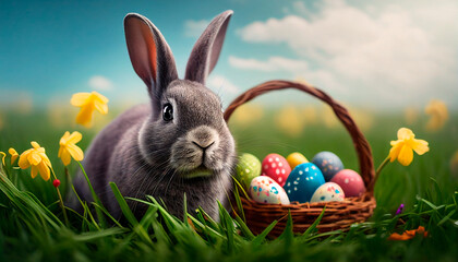 Fototapeta na wymiar Lovely bunny easter fluffy baby rabbit with a basket full of colorful easter eggs on green garden nature background. High quality photo, generative ai