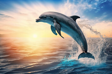 Fototapeta premium dolphin jumping out of ocean water with splash made by generative ai