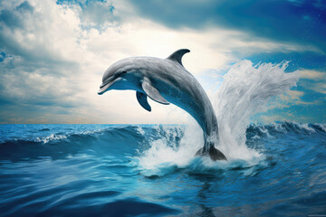 dolphin jumping out of ocean water with splash made by generative ai - obrazy, fototapety, plakaty