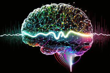 network of neon digital data brain waves made by generative ai