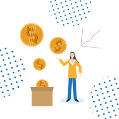 A female holds a coin in her hand, coins fall into the box next to the growth chart. The concept of investment. Flat vector illustration