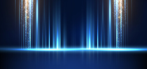 Abstract technology futuristic light blue stripe vertical lines light on blue background with gold lighting effect sparkle.