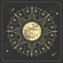 Modern magic witchcraft card with astrology full moon. Realistic hand drawing illustration of moon