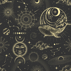 Modern magic witchcraft  astrology seamless pattern with sun, stars, planets and outer space. Astrology background. Vecto illustration © annbozhko