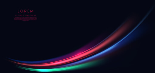 Abstract futuristic neon light curved red and blue on dark blue background.