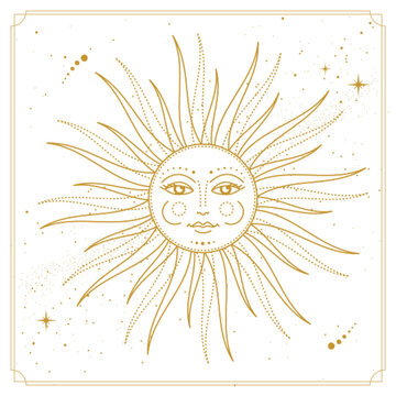 Modern magic witchcraft card with astrology sun sign with human face.Vecto illustration of sun with human face