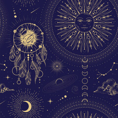 Modern magic witchcraft  astrology seamless pattern with sun, stars, planets and outer space. Astrology background. Vecto illustration
