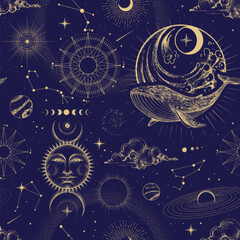 Modern magic witchcraft  astrology seamless pattern with sun, stars, planets and outer space. Astrology background. Vecto illustration © annbozhko