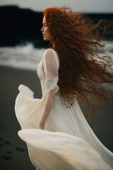 Naklejka premium Portrait of a Red-haired woman in wedding dress on the beach. generate by ai