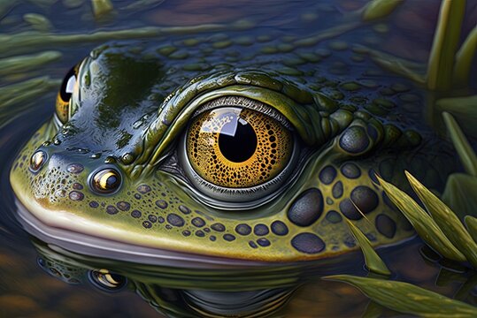 Oregon's moist and detailed-eyed American bullfrog (Rana catesbeiana). Generative AI