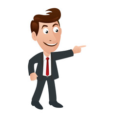 Illustration représentant un personnage en costume, cravate montrant une direction à suivre en tendant le bras.