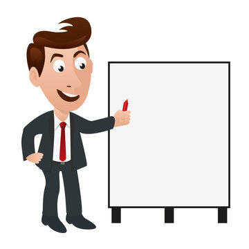 Illustration montrant la présentation d’un objectif à atteindre, sur un tableau blanc à l’aide d’un marqueur rouge, par un chef d’entreprise souriant.