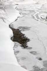 Open water of a snow-covered frozen river in winter close-up