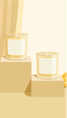 Ilustración de producto. Velas perfumadas con fondo amarillo y notas cítricas. 