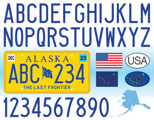 Alaska US State car license plate, letters, numbers and symbols, vector illustration, USA