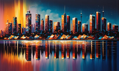 Skyline city view with reflections on water. Original oil painting
