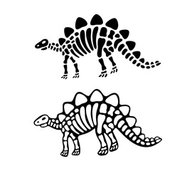 Fototapeta na wymiar Stegosaurus bones and skull. Stegosaurus skeleton. Prehistoric animal silhouette. Paleontology and archeology. Prehistoric creature bones