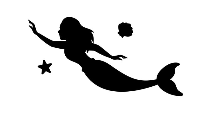 Swimming mermaid silhouette. Little creature with tail black symbol. Magical mermaids and siren logo. Mythical tale character in water