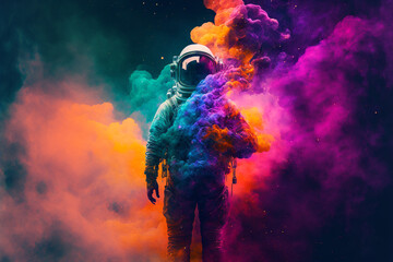 Neon astronaut in space helmet in the middle of multicolored smoke illustration - obrazy, fototapety, plakaty