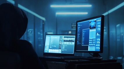 Fototapeta premium Computer Hacker in Hoodie. Obscured Dark Face. Concept of Hacker Attack, Virus Infected Software, Dark Web and Cyber Security.