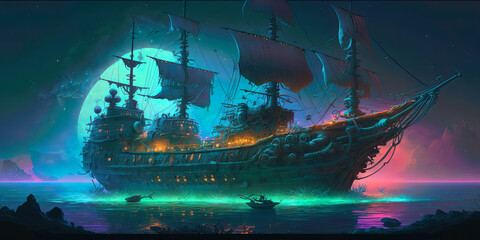 Cyberpunk Pirate Ship Illustration #380 - obrazy, fototapety, plakaty