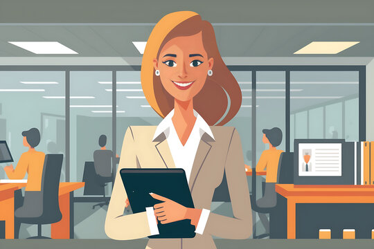 Flat vector illustration Young smart, smiling professional businesswoman, happy and confident 30s corporate employee or sales manager working in modern office using digital tablet, looking at camera,.