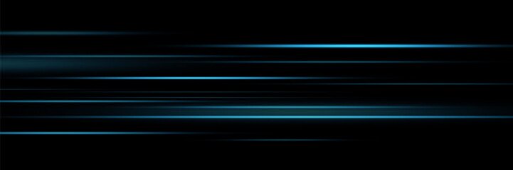 Set of blue lines, laser beams, bright light beams with sparkles and dust on a black background. vector illustration