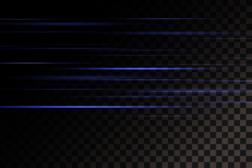 Set of blue lines, laser beams, bright light beams with sparkles and dust on a transparent background. vector illustration