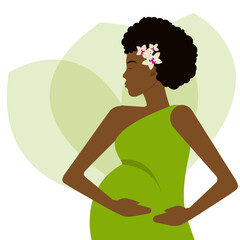 A pregnant afro american woman in a green dress and yellow orchids in her hair. Flat vector illustration