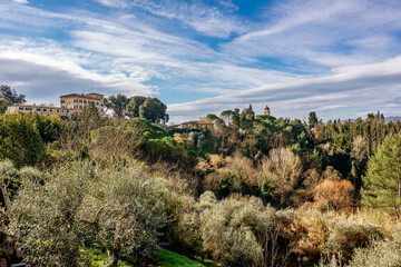 Beautiful panoramic view of the nature surrounding the historic center of Fauglia, Pisa, Italy - obrazy, fototapety, plakaty