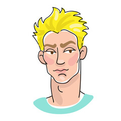 Portrait of a young man with blond hair. Avatar icon in line style with colored spots. Isolated on white background. Vector flat illustration 