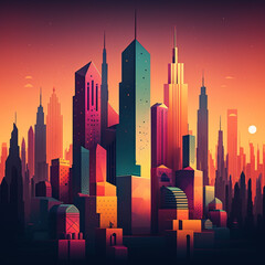 city skyline at sunset, Generative Ai