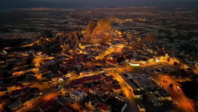Drone - Cappadocia, Turkey - Uchisar Castle (Night) - Flying towards Castle