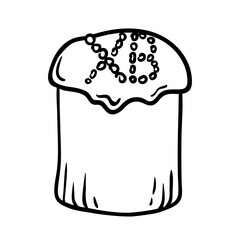 Easter cake with icing and Christ is Rising symbols isolated on white. Traditional kulich with Cyrillic letters means Happy Easter in orthodox christian church. Vector outline doodle illustration.