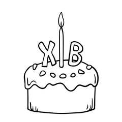 Orthodox christian Easter cake with icing and Christ is Rising symbols and church candle isolated on white. Traditional kulich with Cyrillic letters means Happy Easter. Vector outline illustration.
