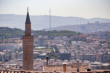 Ankara city from Ankara Old Castle, aerial view of house roofs, cityscape at sunset, Turkey