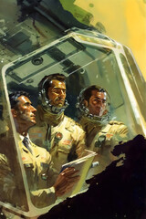 vintage sci-fi painting of three men driving space ship, made with generative ai