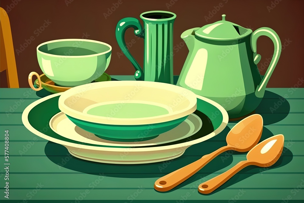 Poster scratch-free plates on a hardwood table against a lush green backdrop generative ai
