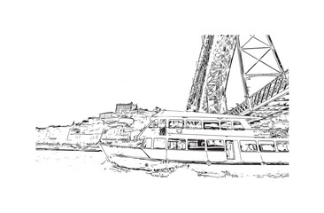 Building view with landmark of Porto Novo is the 
capital of Benin. Hand drawn sketch illustration in vector.