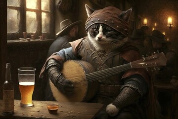illustration of a cute bard cat playing his guitar, medieval tavern in background, generative ai - obrazy, fototapety, plakaty
