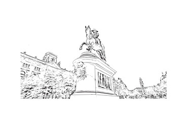 Building view with landmark of Porto Novo is the 
capital of Benin. Hand drawn sketch illustration in vector.