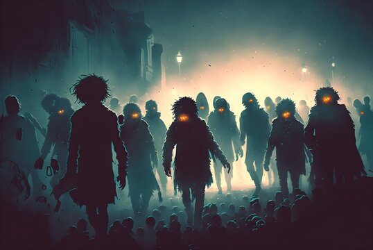 halloween concept of zombie crowd walking at night, digital art style, illustration painting, Generative AI