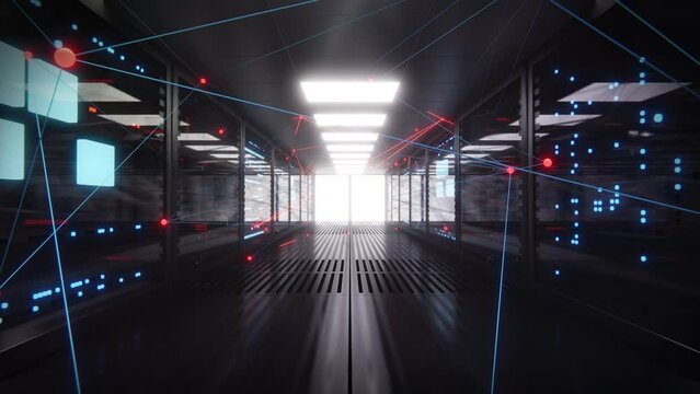 Concept data connecting. Digital information travels through fiber optic cables through the network and data servers behind glass panels in the server room of the data center. Digital lines. 3d render