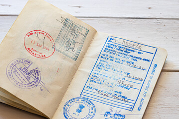 Naklejka premium Old Indian Visa with arrival and departure dates on a passport. Holidays concept.