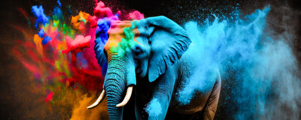 Fototapeta na wymiar Elephant Happy Holi colorful, festival of colors, powder explosion background