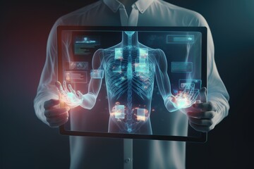 Doctor looking at a virtual screen with human body projection with various data. Futuristic concept. Generative AI