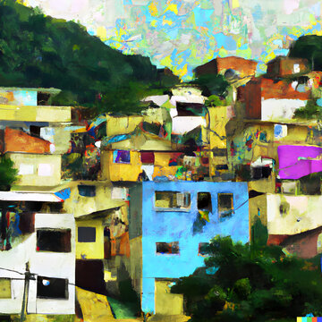 Brazilian "Favelas" Oil Painting Created with IA Generative