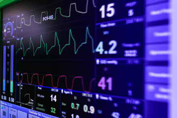 EKG monitor in intra aortic balloon pump machine in icu on blur background, Brain waves in electroencephalogram, heart rate wave - obrazy, fototapety, plakaty