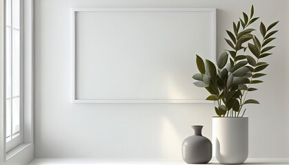 Minimalist Interior Frame Mockup with Plant and White Wall Background